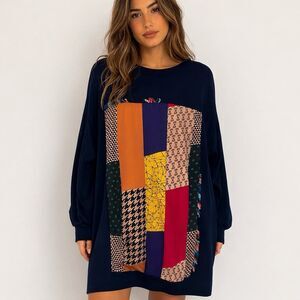 Patchwork Tunic Dress Women's O/S Black Colorful Oversized Long Sleeve